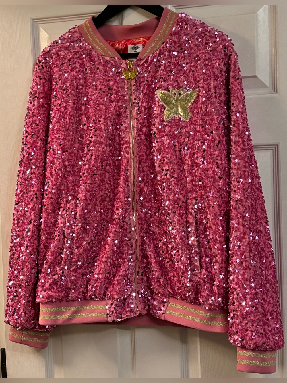 Adorable Wicked Universal Pink Sequin Bomber Jacket with Gold and Pink Cuffs